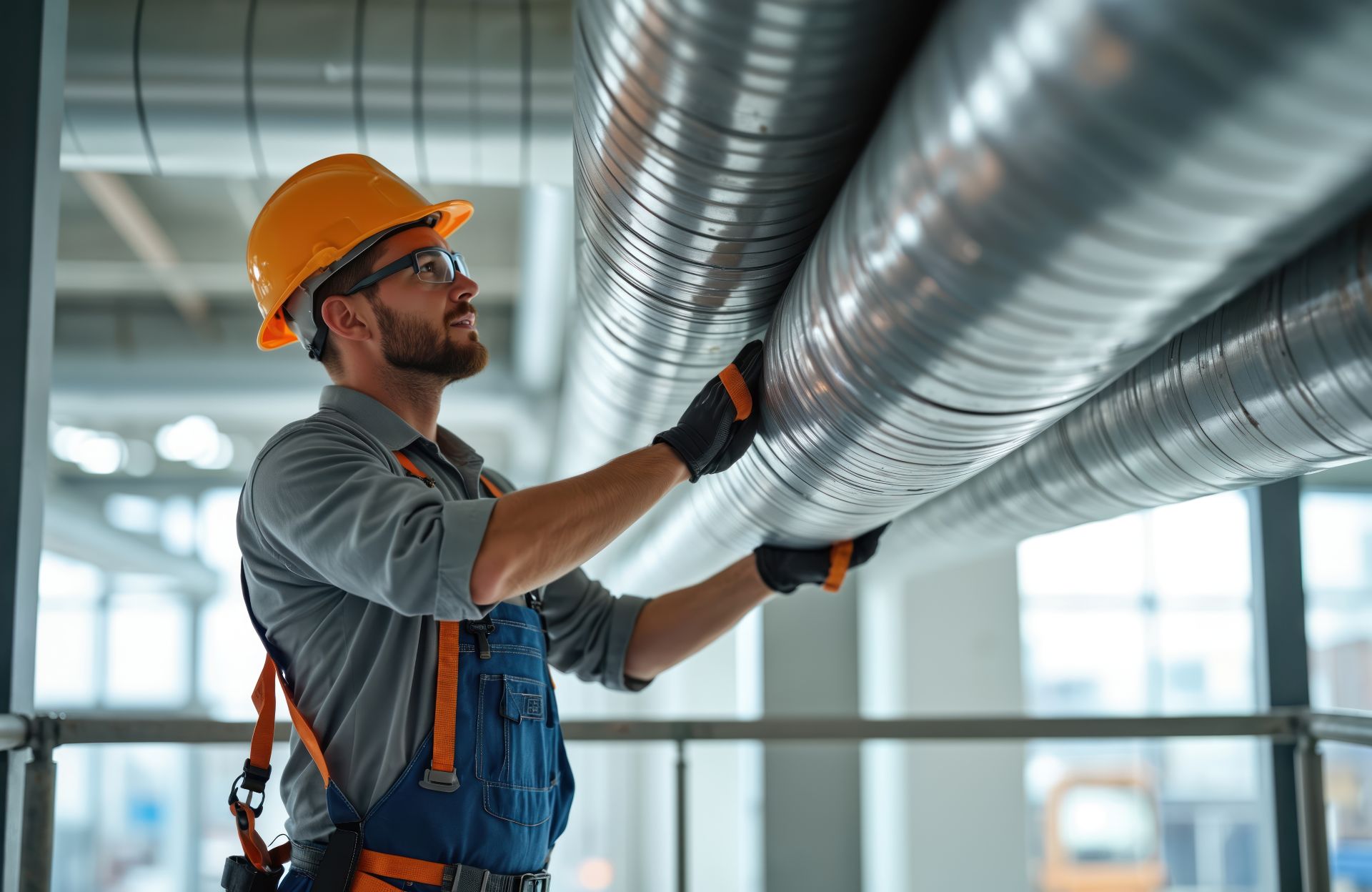Handwerker installiert Wickelfalzrohr in moderner Industrieumgebung mit Schutzhelm und Werkzeug – Fokus auf Lueftungstechnik und Montage