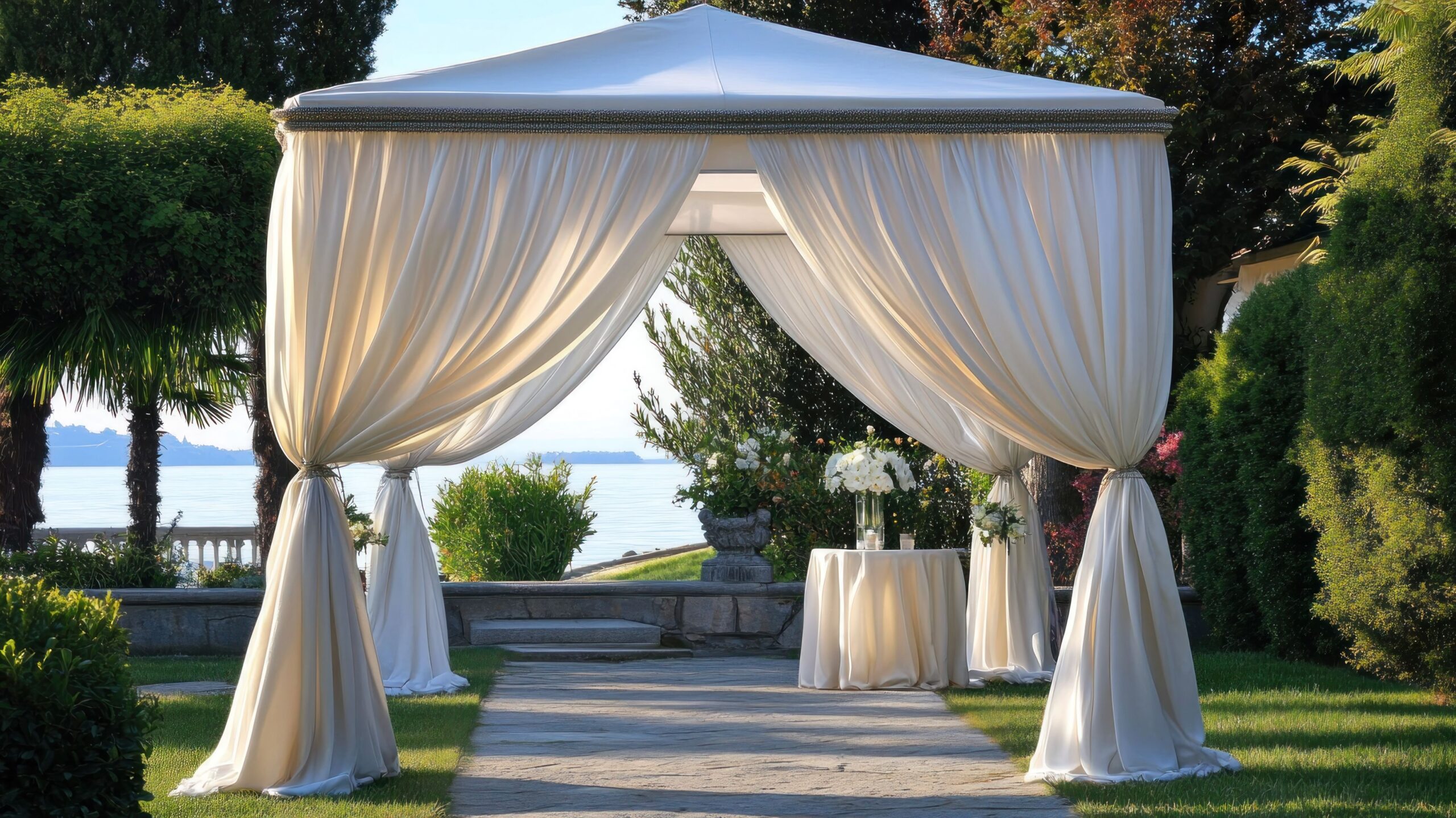 Eleganter Gartenpavillon mit hellen Vorhängen in gepflegter Umgebung