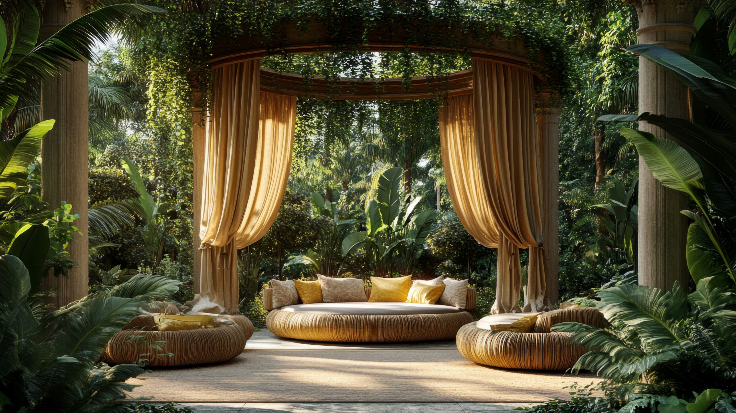 Gartenpavillons mit runder Sitzlounge in exklusivem Outdoorbereich
