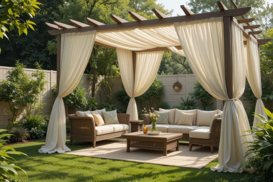 Gartenpavillons in modernem Design mit hochwertigem Sitzbereich im gepflegten Garten